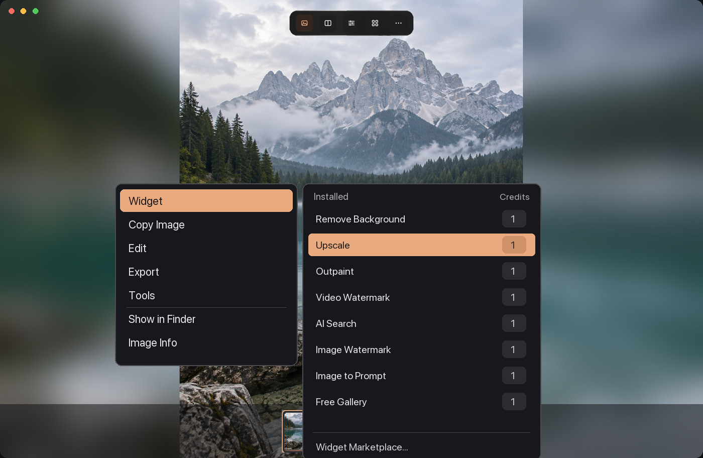 Widget menu in Glance